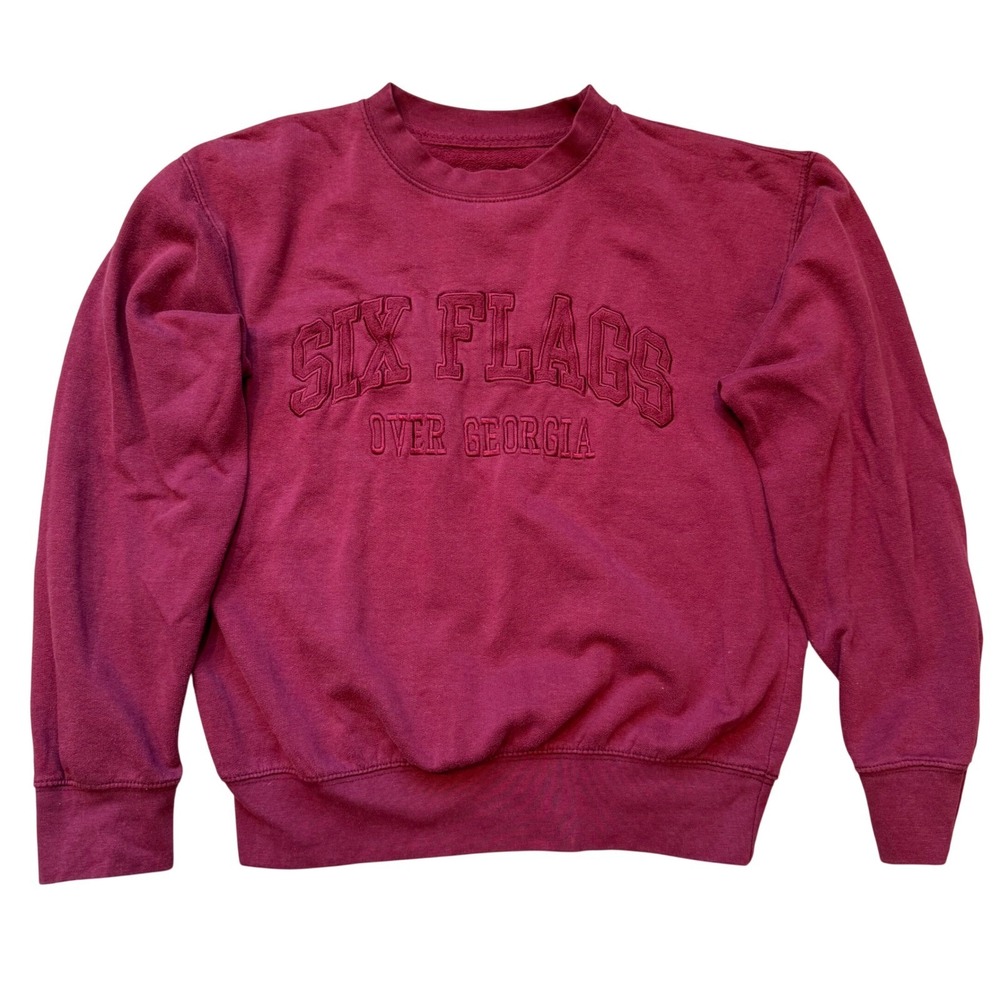 Vintage 90s Six Flags Embroidered Sweatshirt S Souvenir Maroon Crewneck